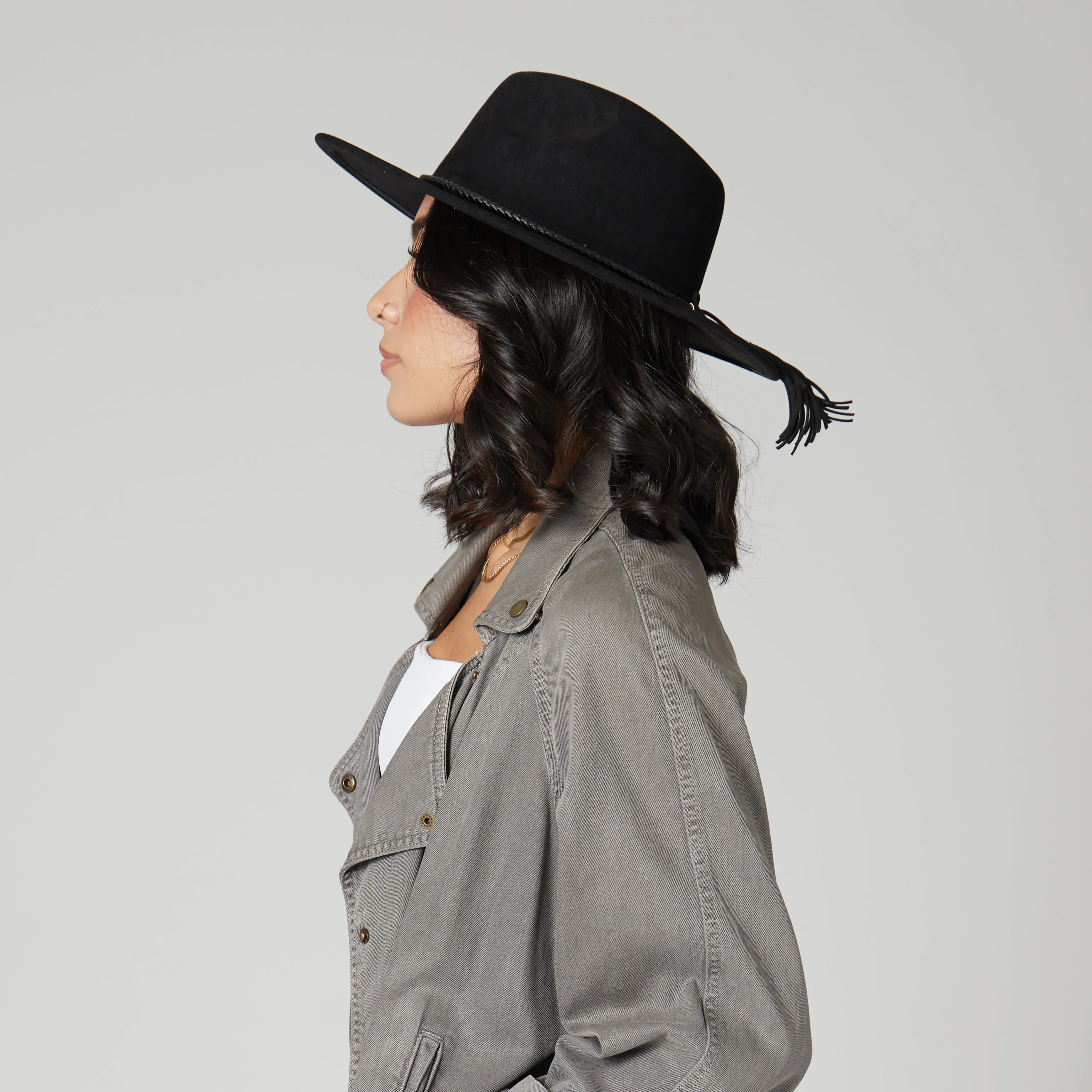 Faux Suede Fedora With Tassel Back Bow