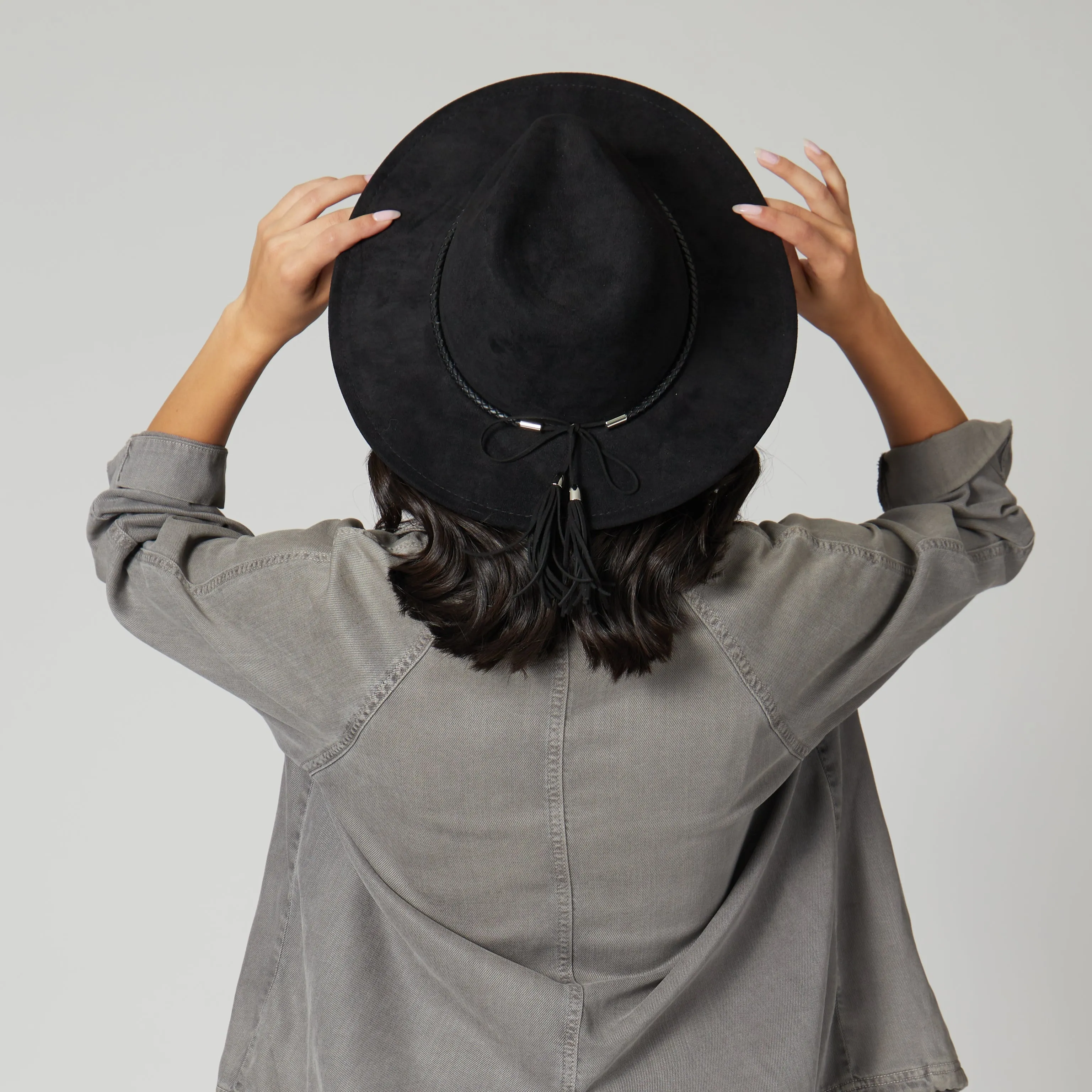 Faux Suede Fedora With Tassel Back Bow