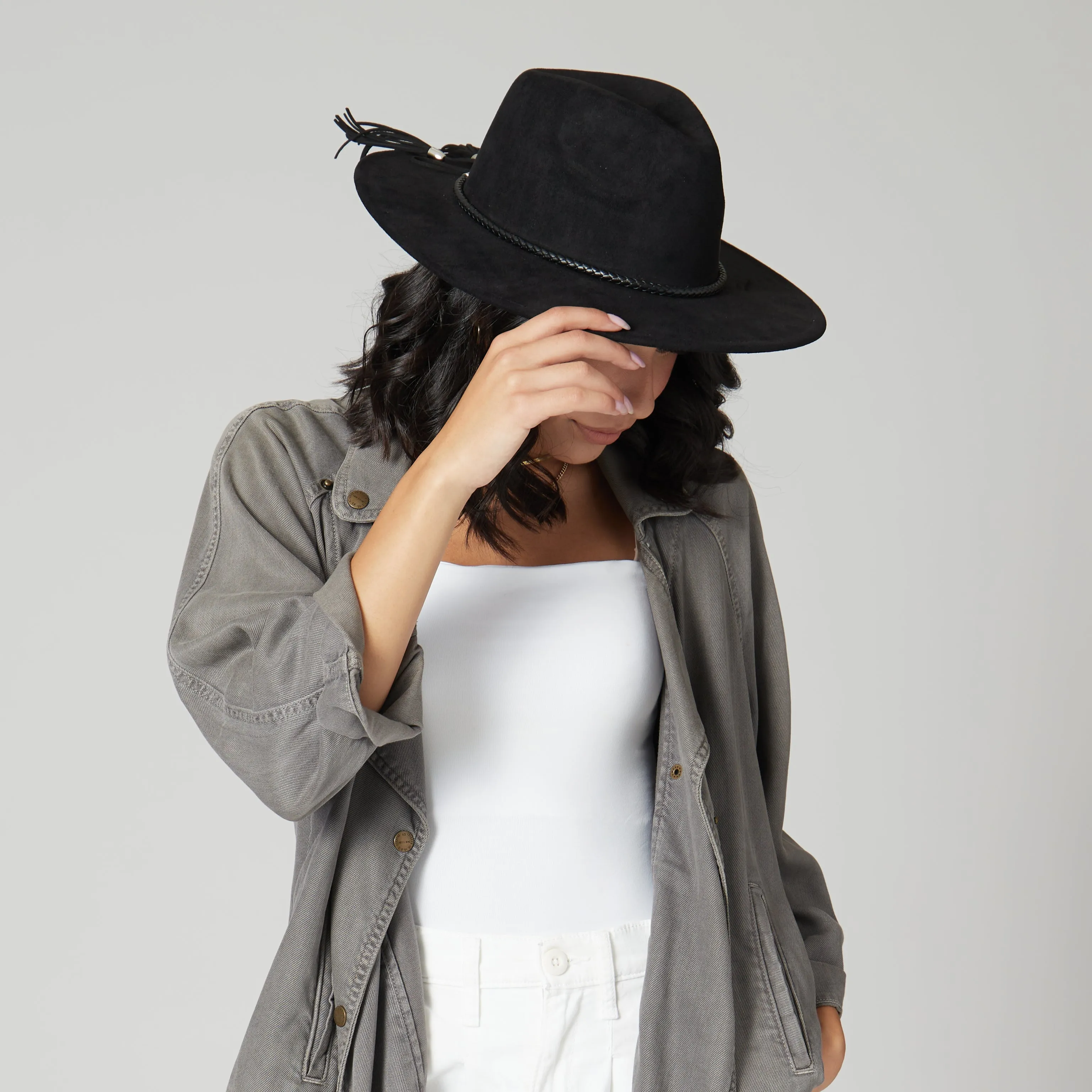 Faux Suede Fedora With Tassel Back Bow