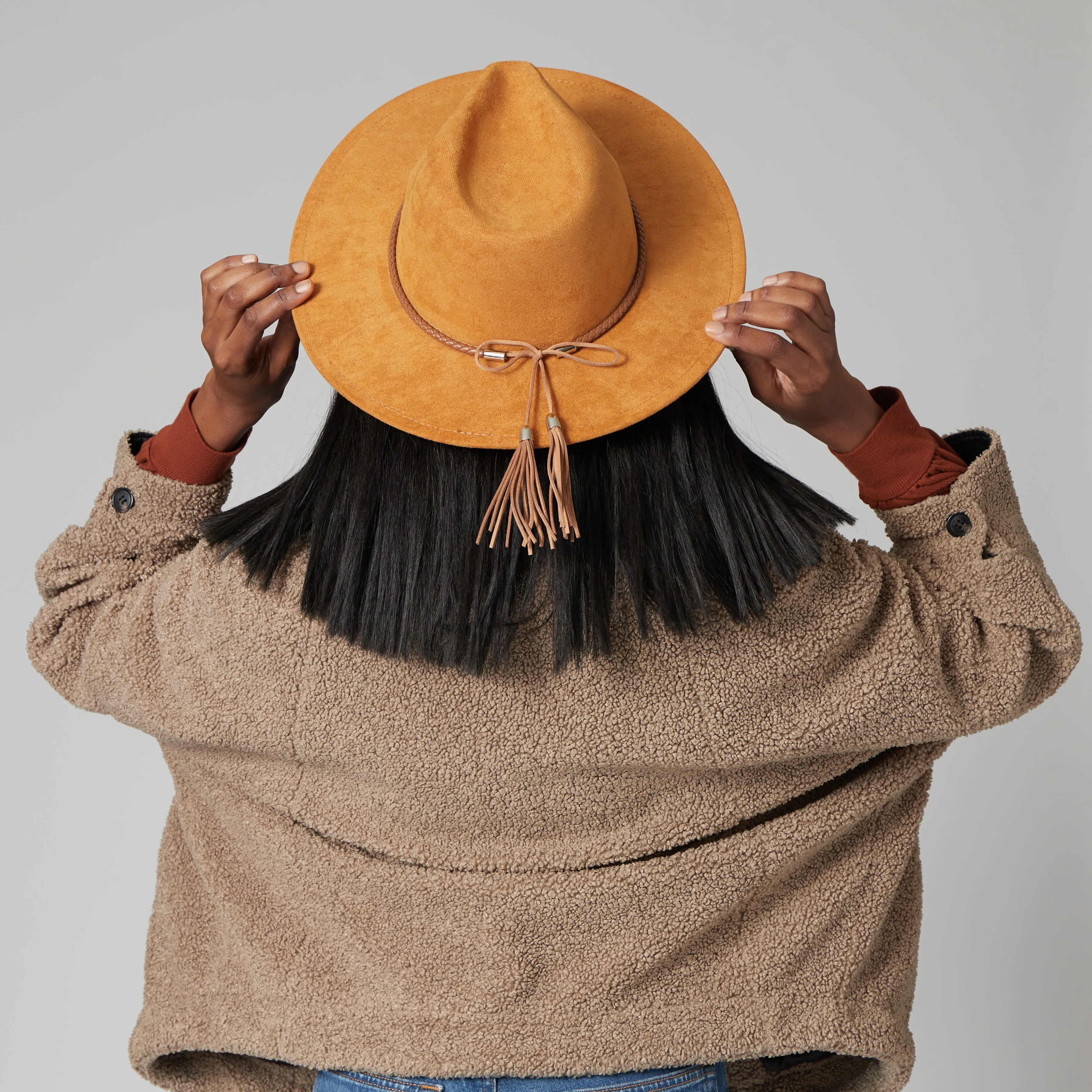 Faux Suede Fedora With Tassel Back Bow