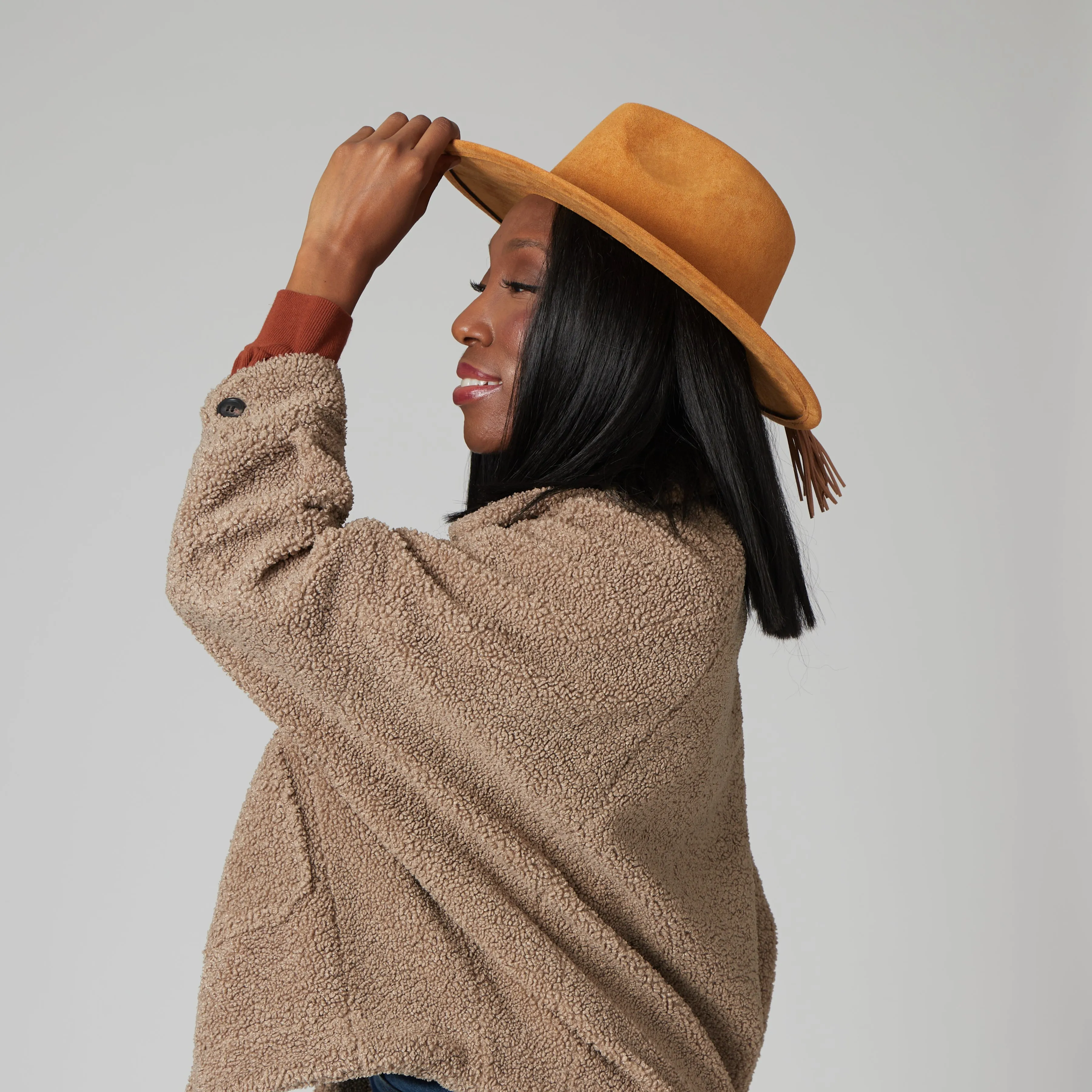 Faux Suede Fedora With Tassel Back Bow