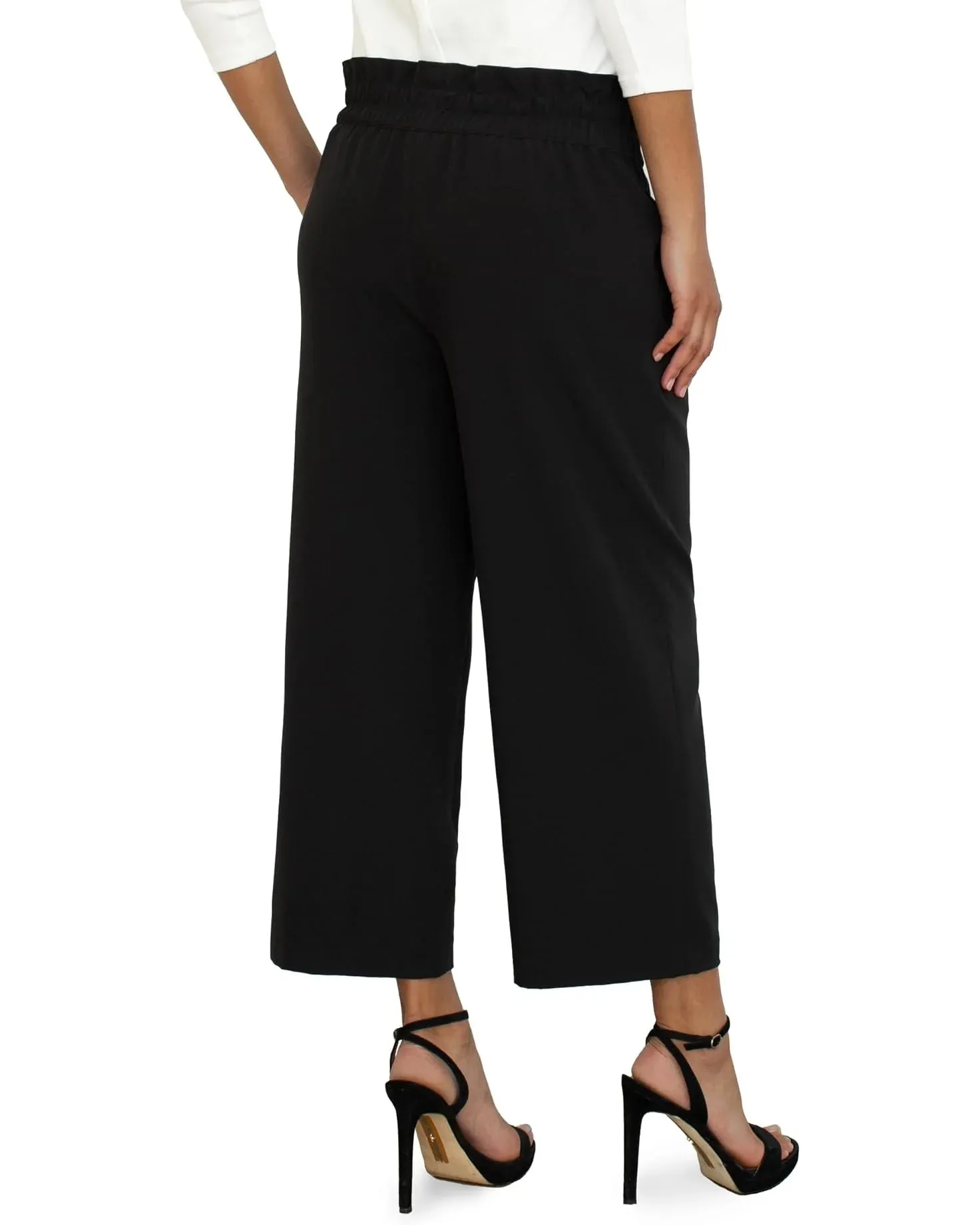Liverpool Belted Paperbag Wide Leg Crop Black Pant 25 In.