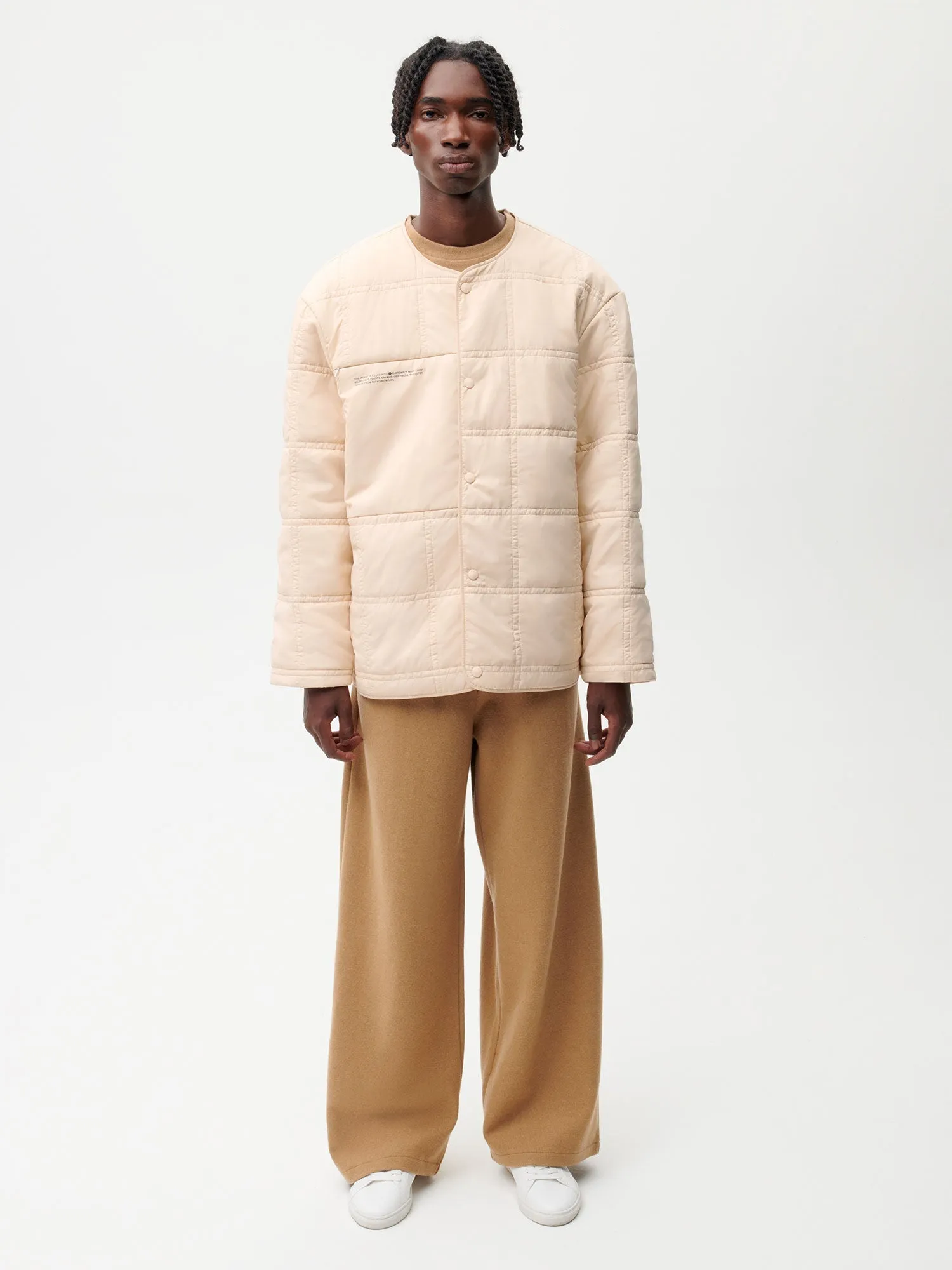 Mens Flower-Warmth Quilted Collarless Jacket—sand