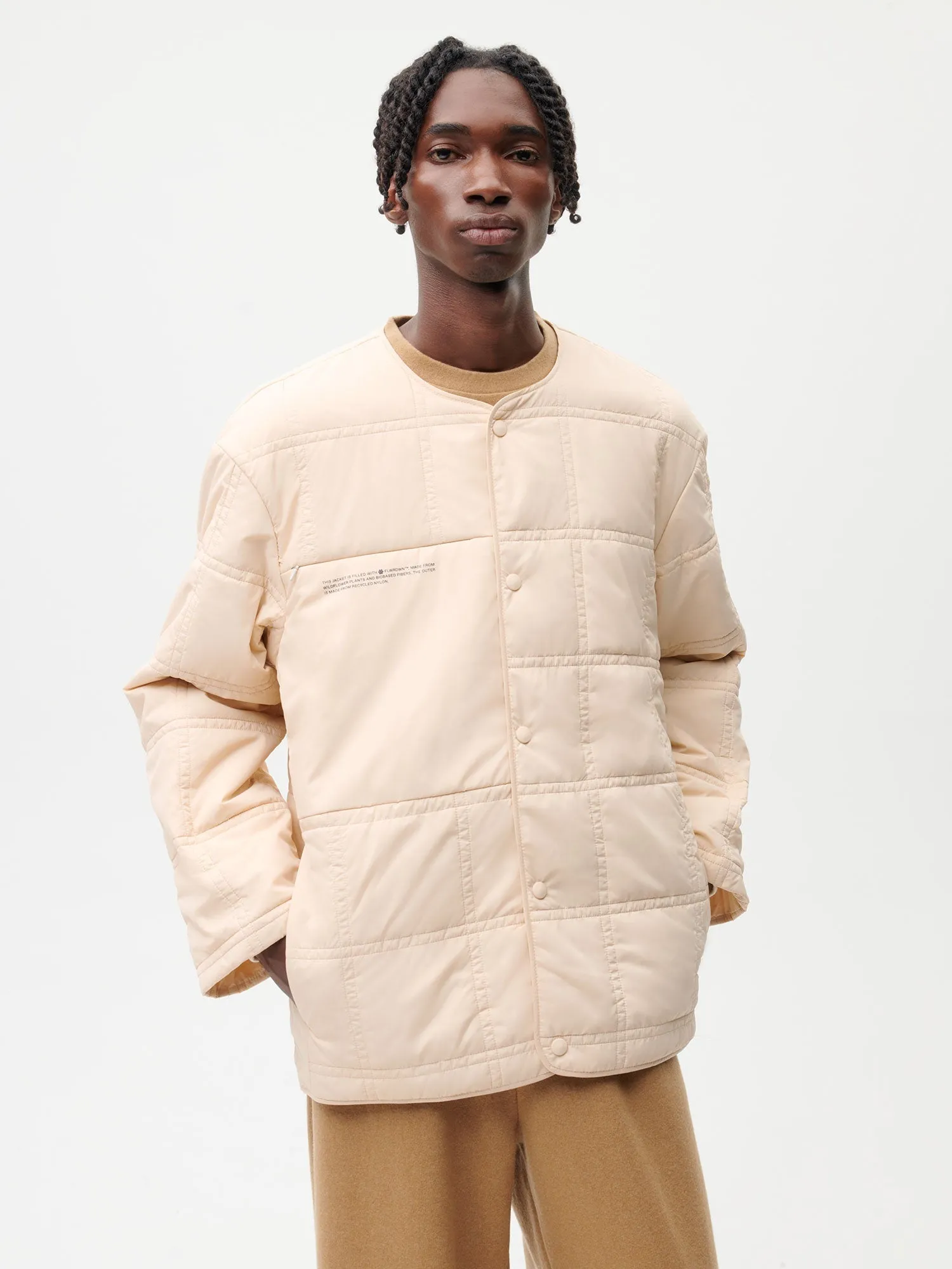 Mens Flower-Warmth Quilted Collarless Jacket—sand