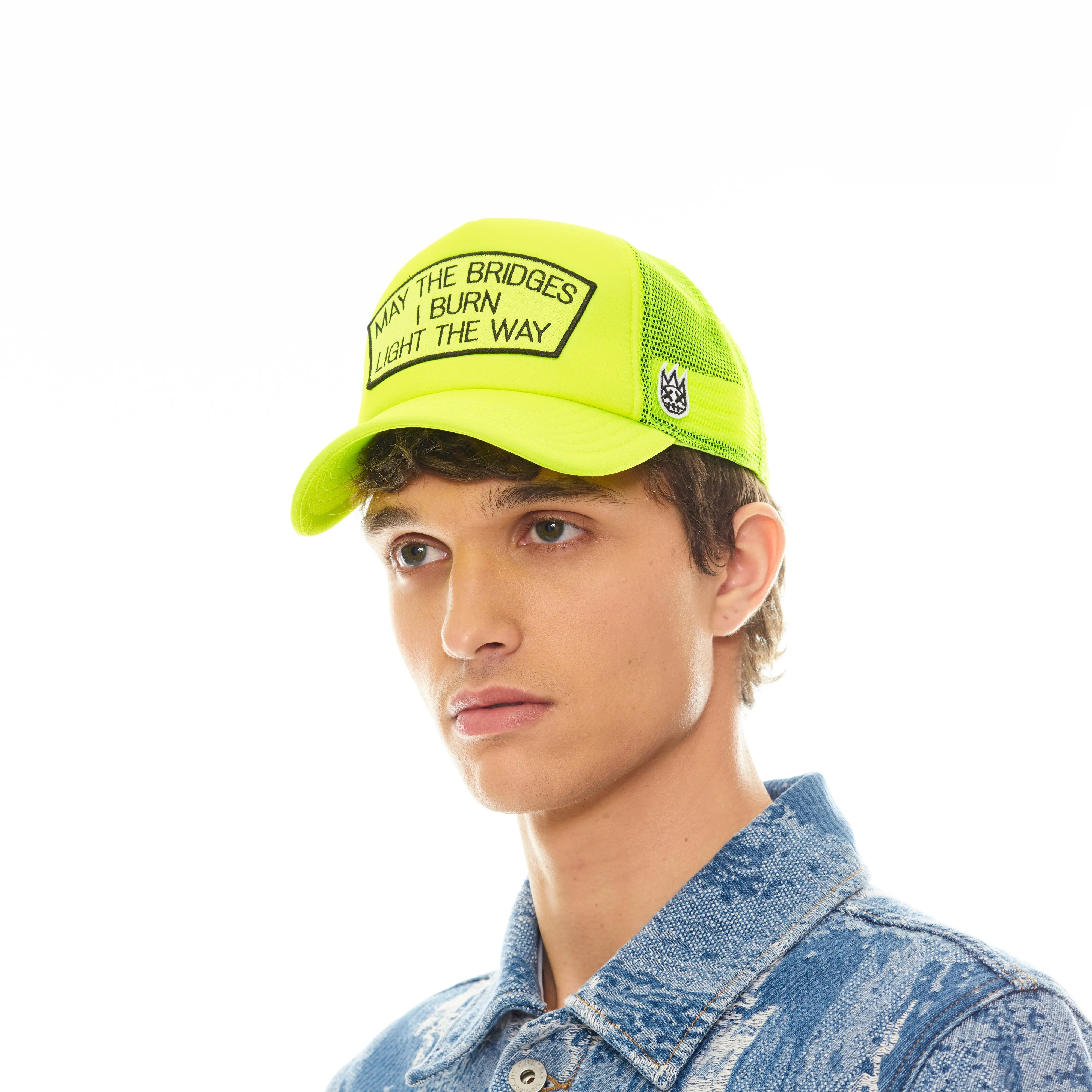 "MAY THE BRIDGES I BURN" MESH BACK TRUCKER HAT IN NEON YELLOW