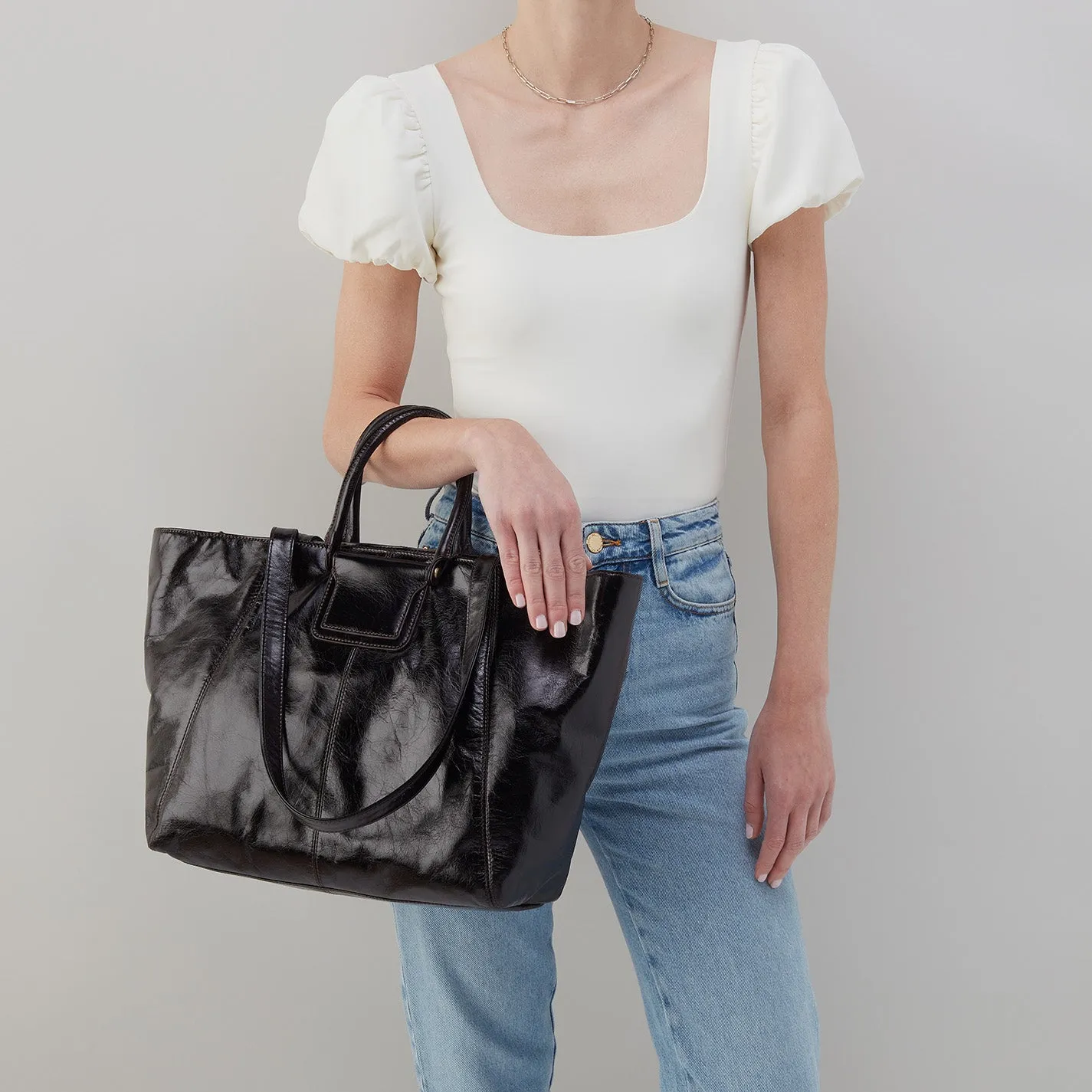 Chocolate Polished Leather Sheila East-West Tote - Stylish and Elegant