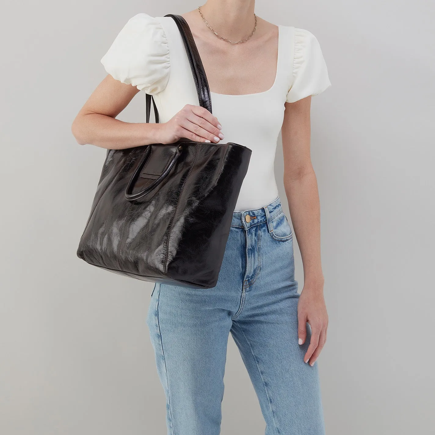 Chocolate Polished Leather Sheila East-West Tote - Stylish and Elegant