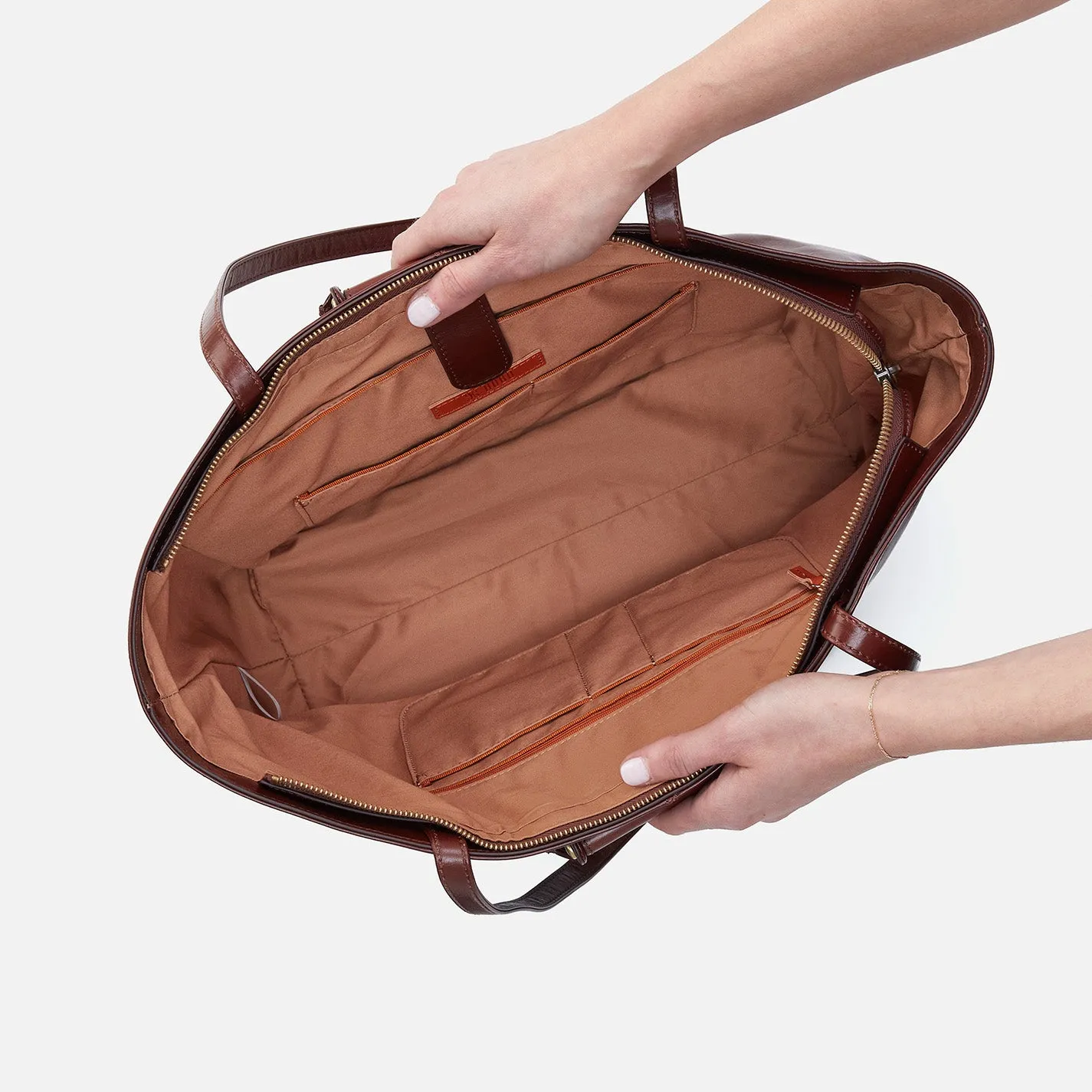 Chocolate Polished Leather Sheila East-West Tote - Stylish and Elegant