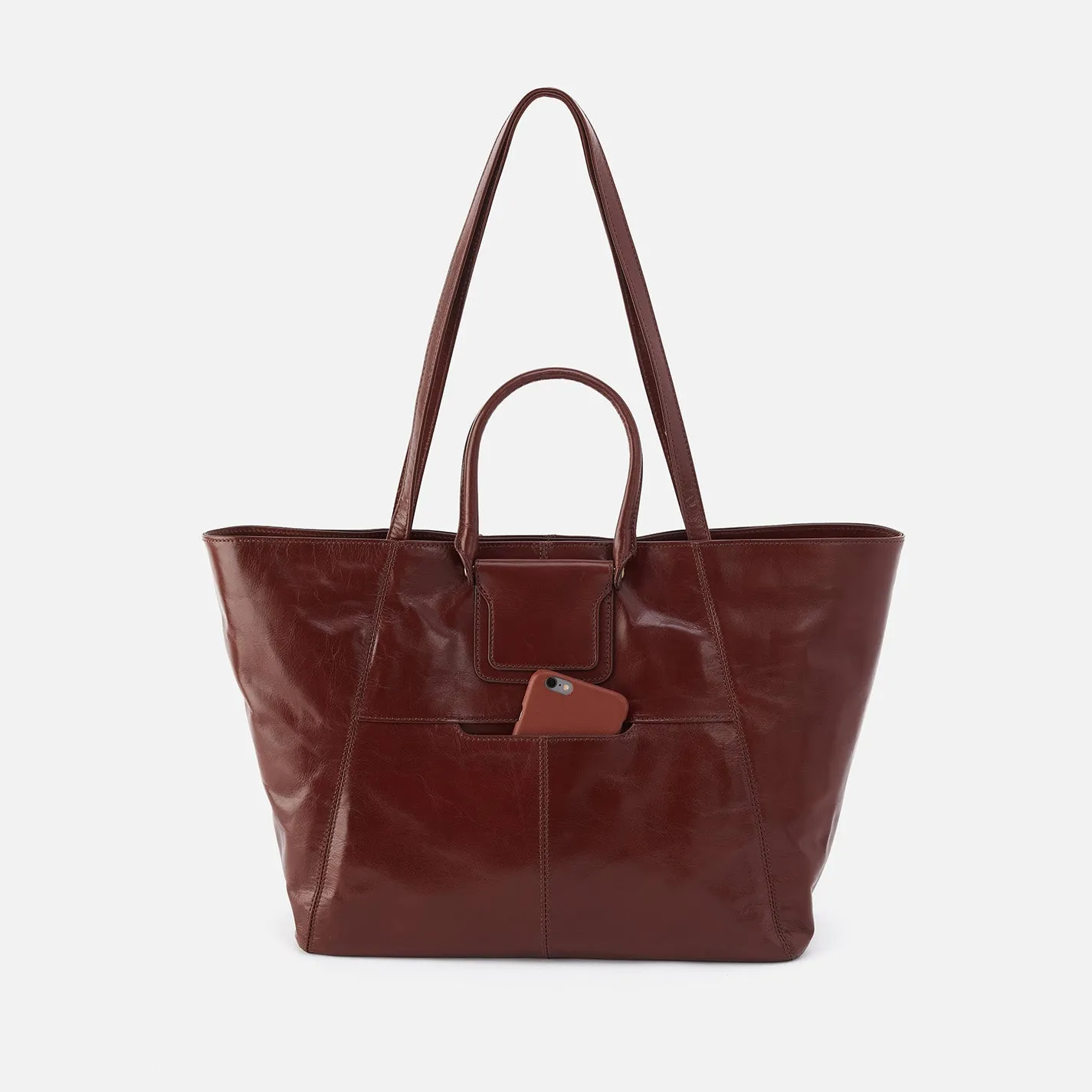 Chocolate Polished Leather Sheila East-West Tote - Stylish and Elegant