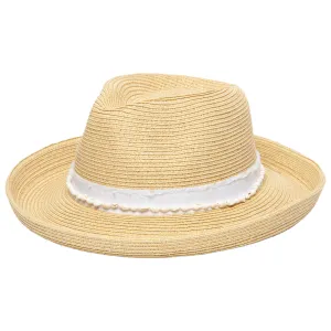 Women's Kettle Brim Fedora With Frayed Band & Shell Trim